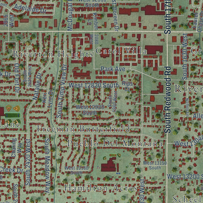 Close-up of the map of Riverton, Utah print showing street and building detail