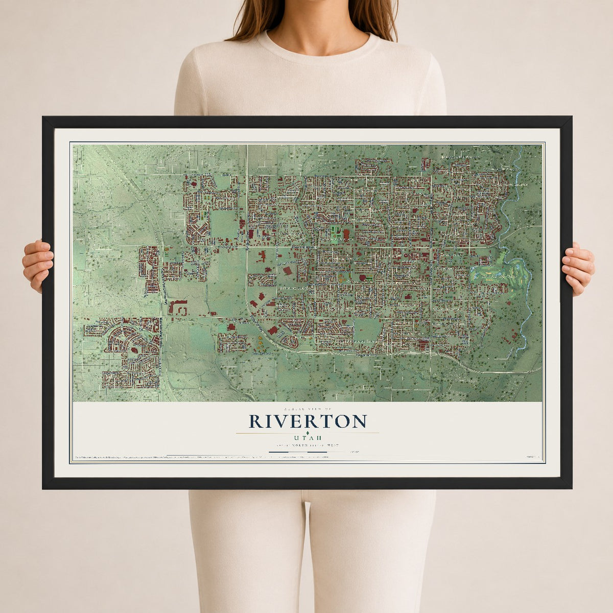 Map of Riverton, Utah, 24 x 36 inch print in a black wood frame