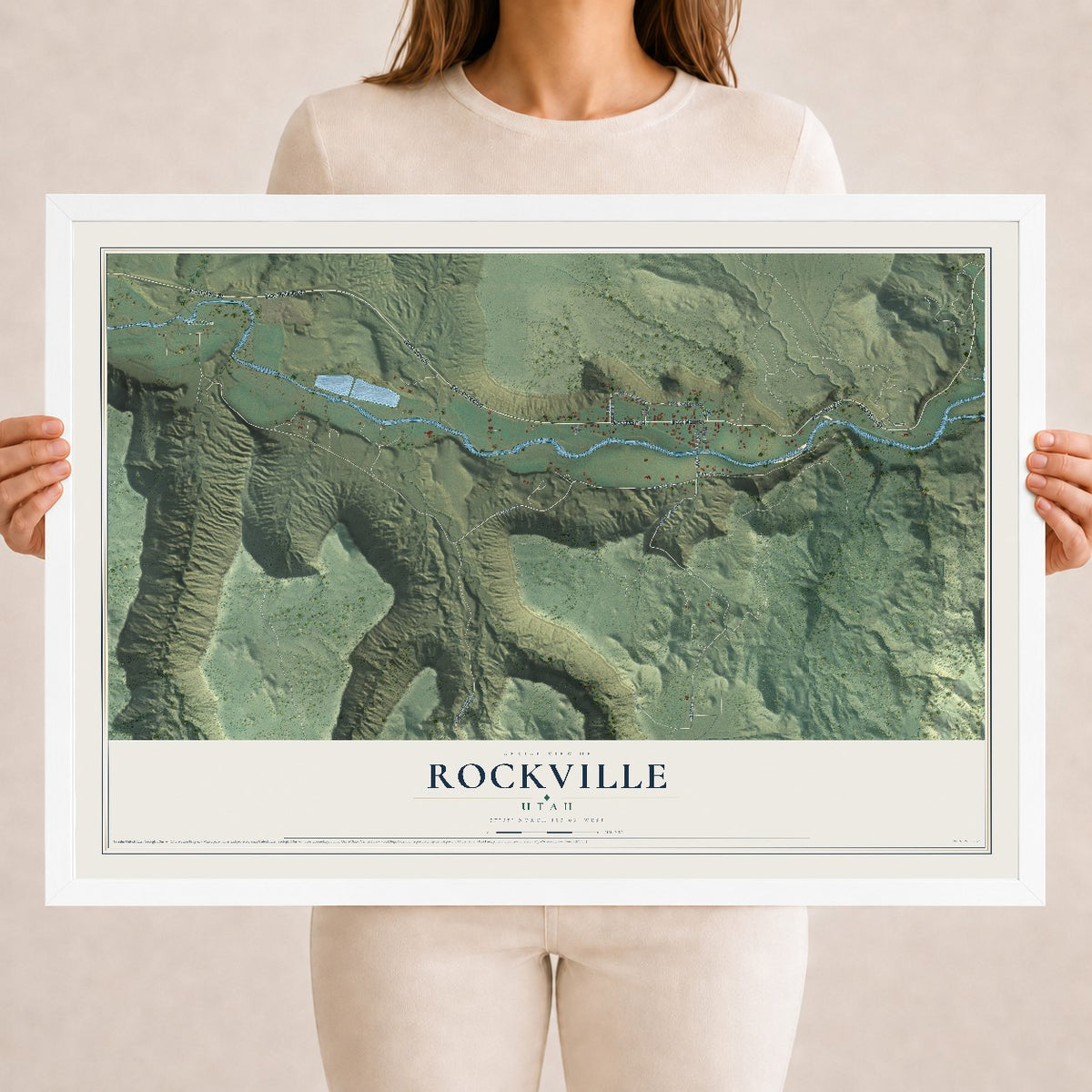 Map of Rockville, Utah, 18 x 24 inch print in a white wood frame
