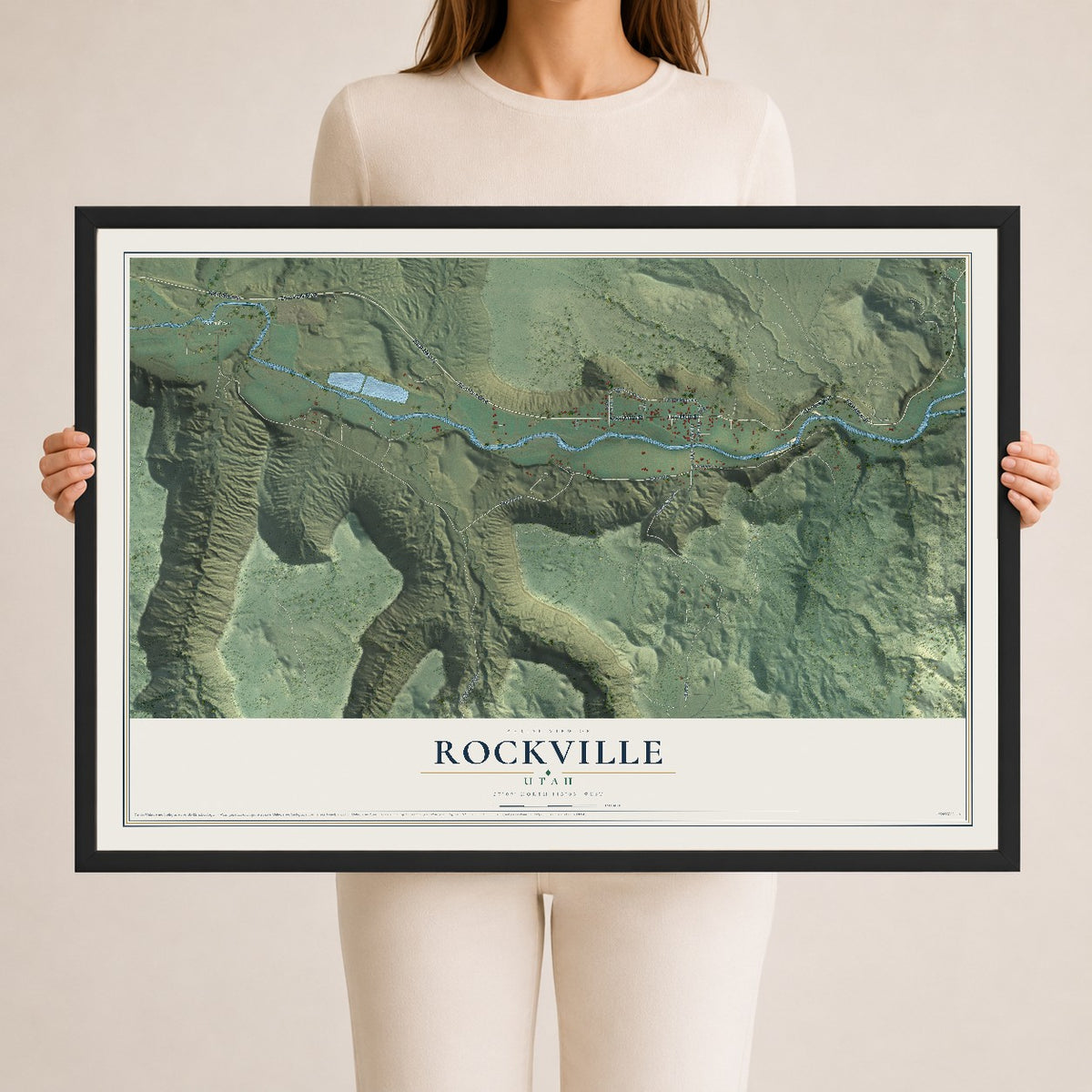 Map of Rockville, Utah, 24 x 36 inch print in a black wood frame
