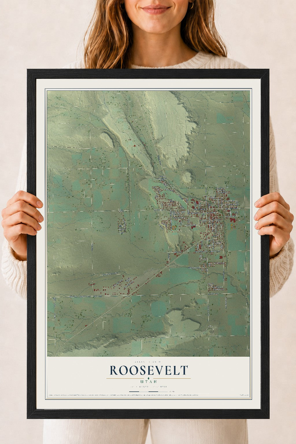 Map of Roosevelt, Utah, 18 x 24 inch print in a black wood frame