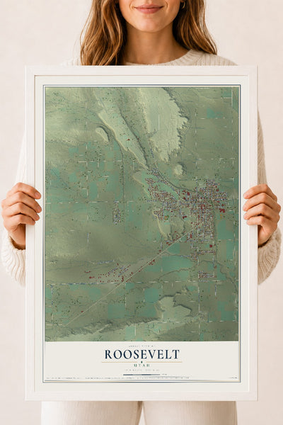 Map of Roosevelt, Utah, 18 x 24 inch print in a white wood frame