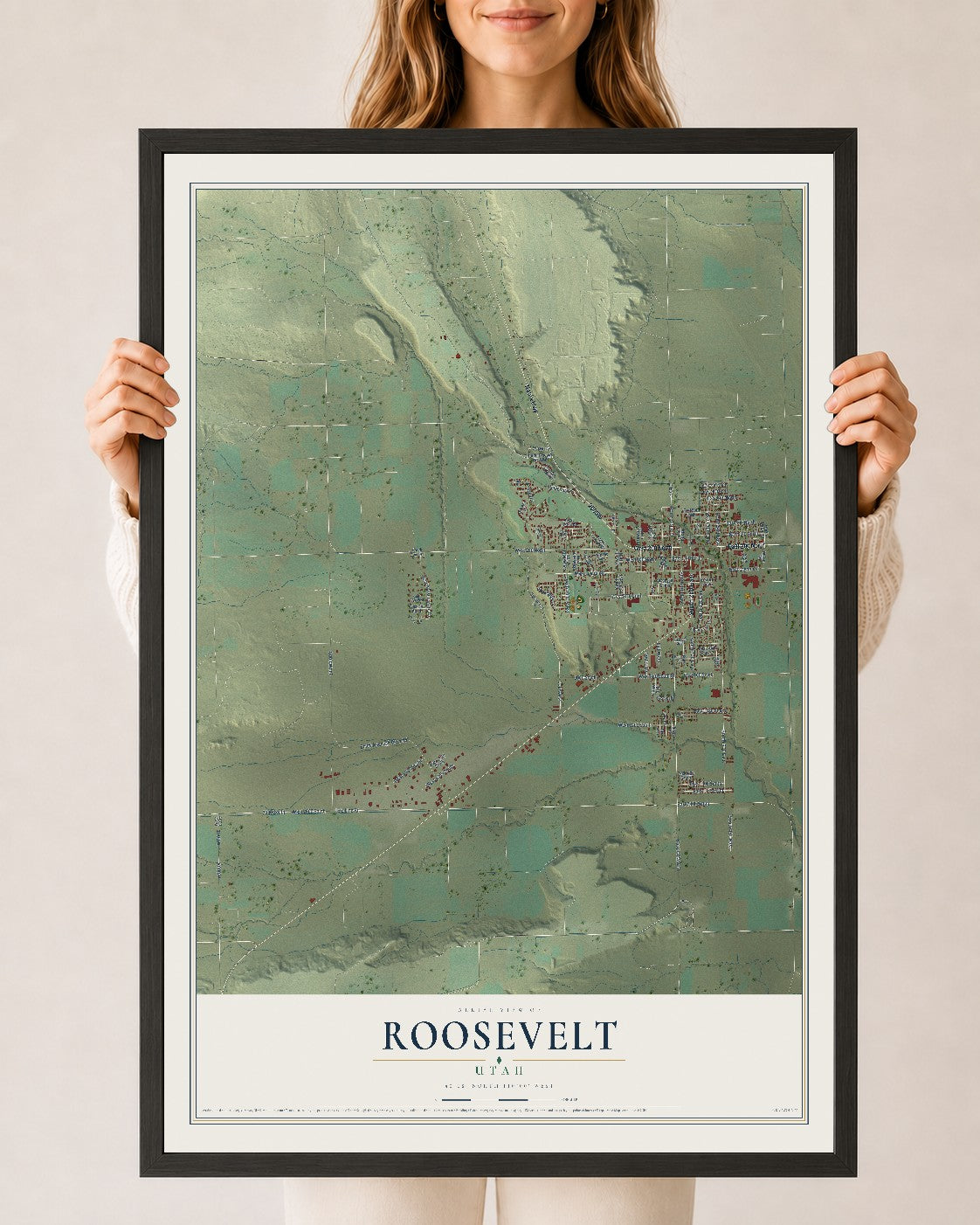 Map of Roosevelt, Utah, 24 x 36 inch print in a black wood frame
