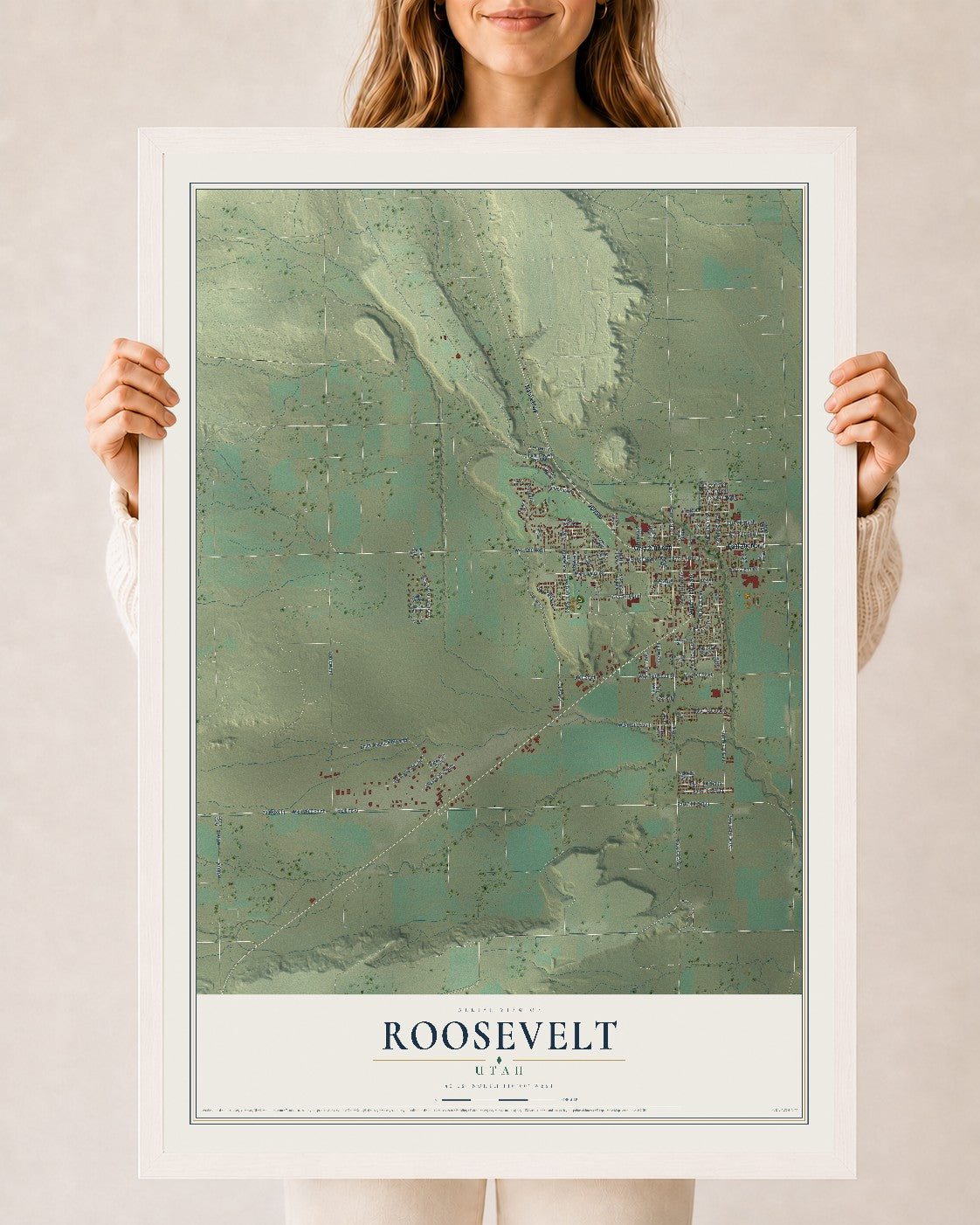 Map of Roosevelt, Utah, 24 x 36 inch print in a white wood frame