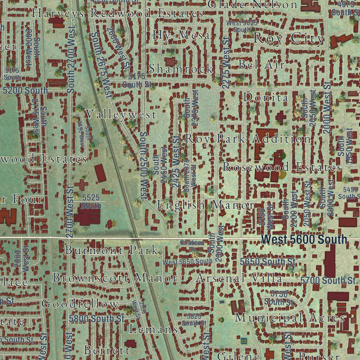 Close-up of the map of Roy, Utah print showing street and building detail
