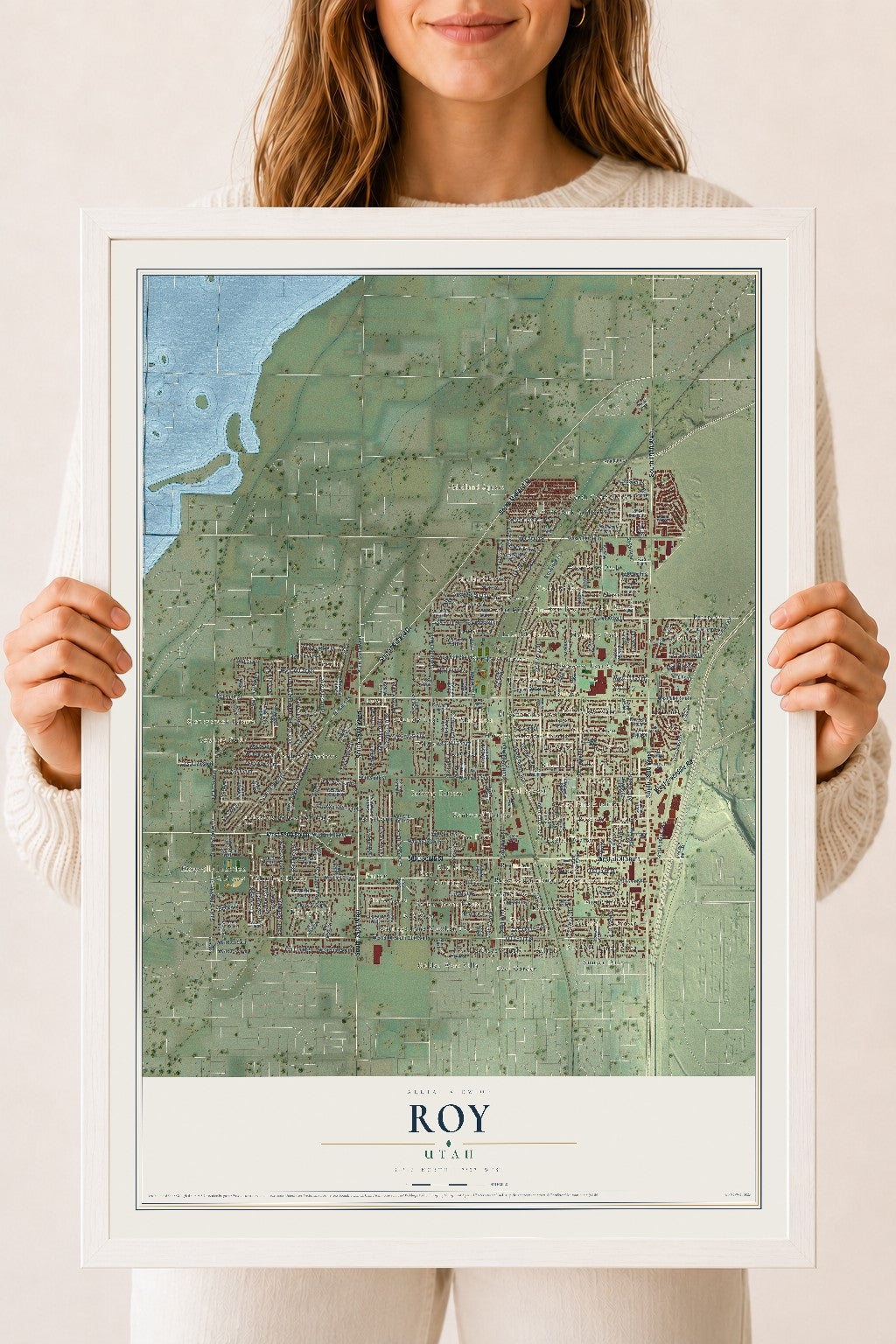 Map of Roy, Utah, 18 x 24 inch print in a white wood frame