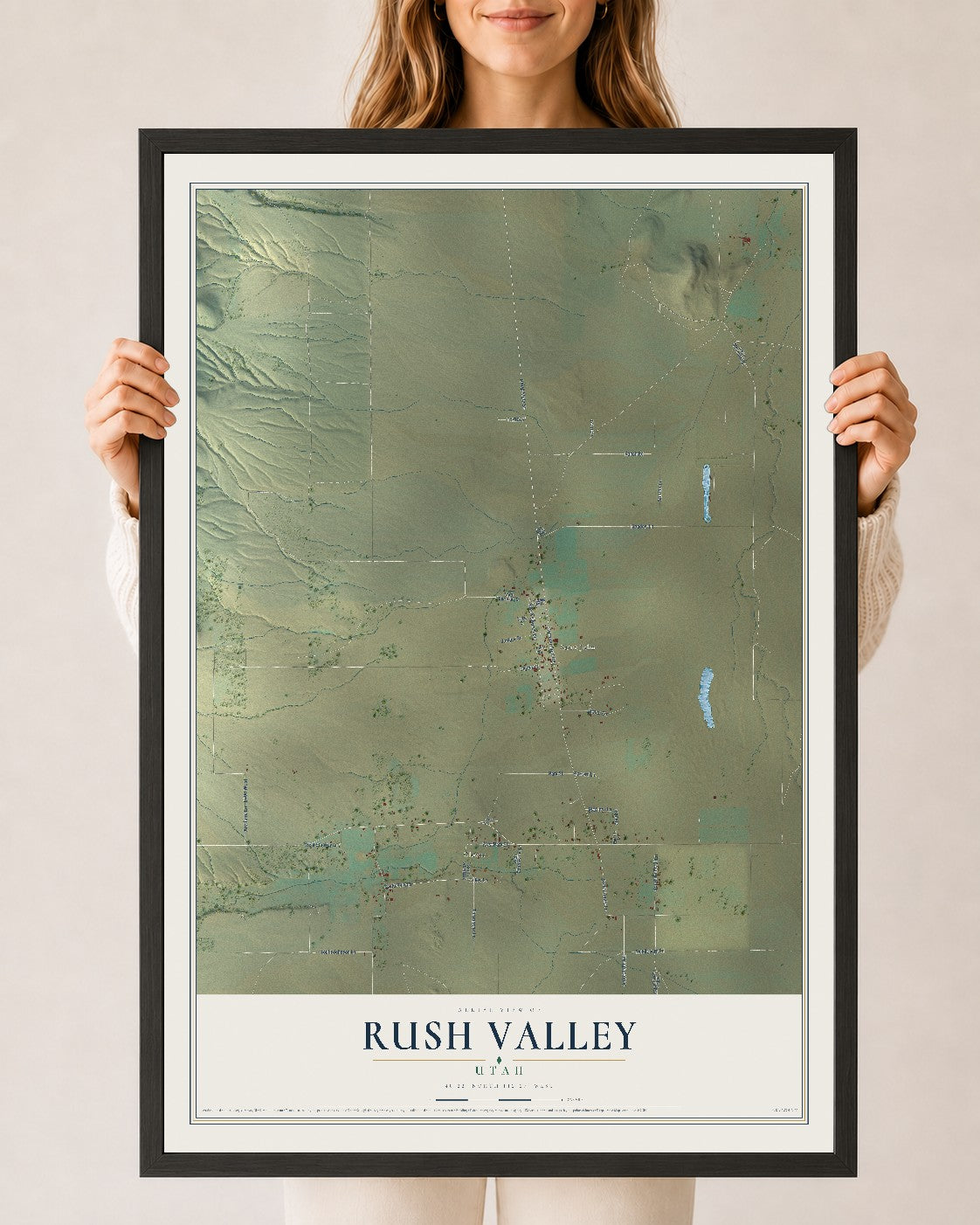 Map of Rush Valley, Utah, 24 x 36 inch print in a black wood frame