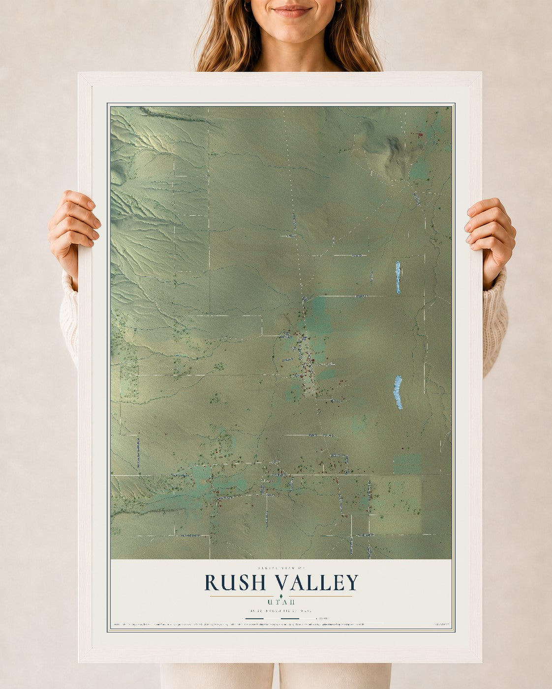 Map of Rush Valley, Utah, 24 x 36 inch print in a white wood frame