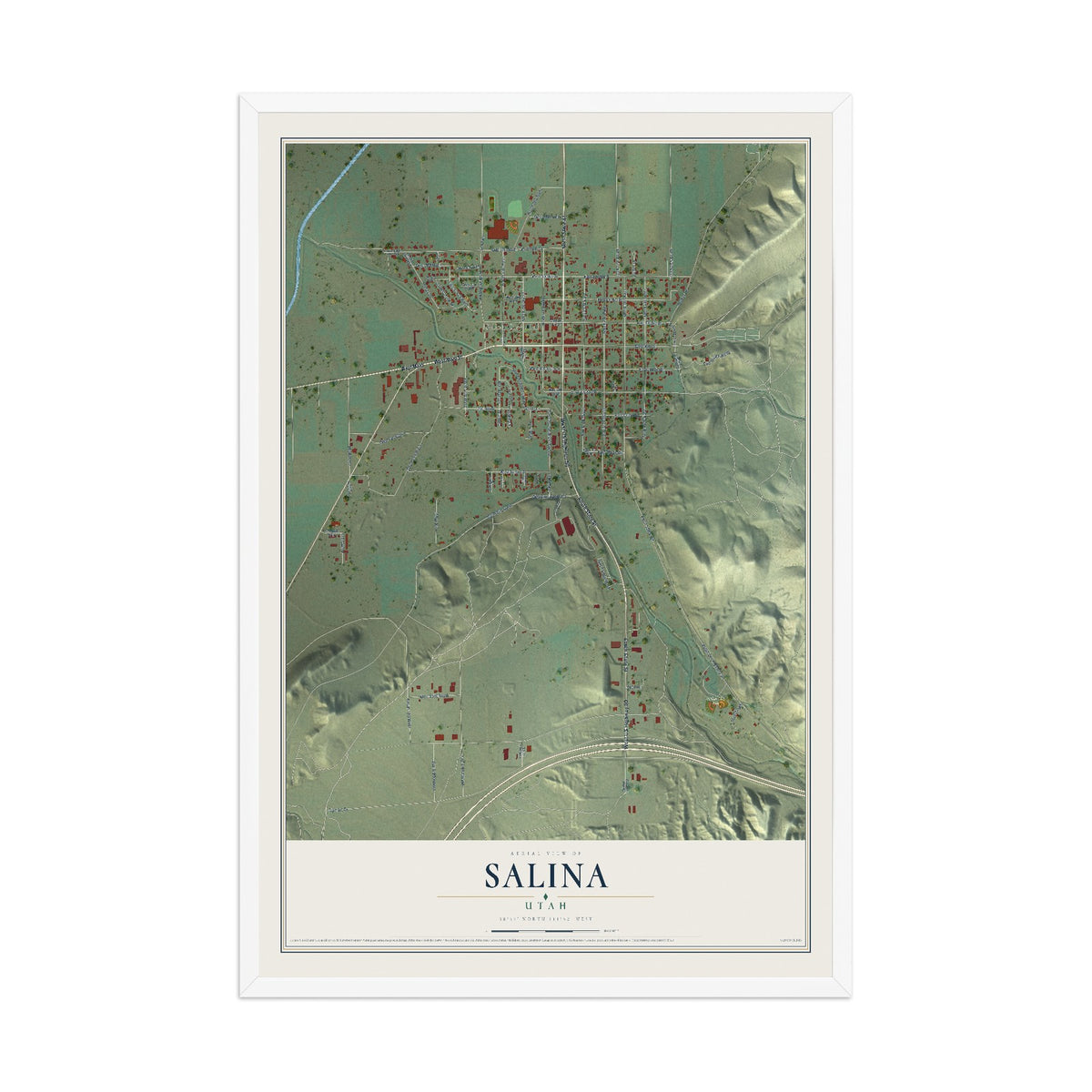 Map of Salina, Utah, 12 x 18 inch print in a white wood frame