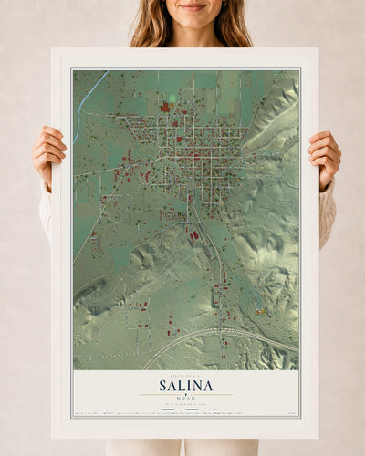 Map of Salina, Utah, 24 x 36 inch print in a white wood frame