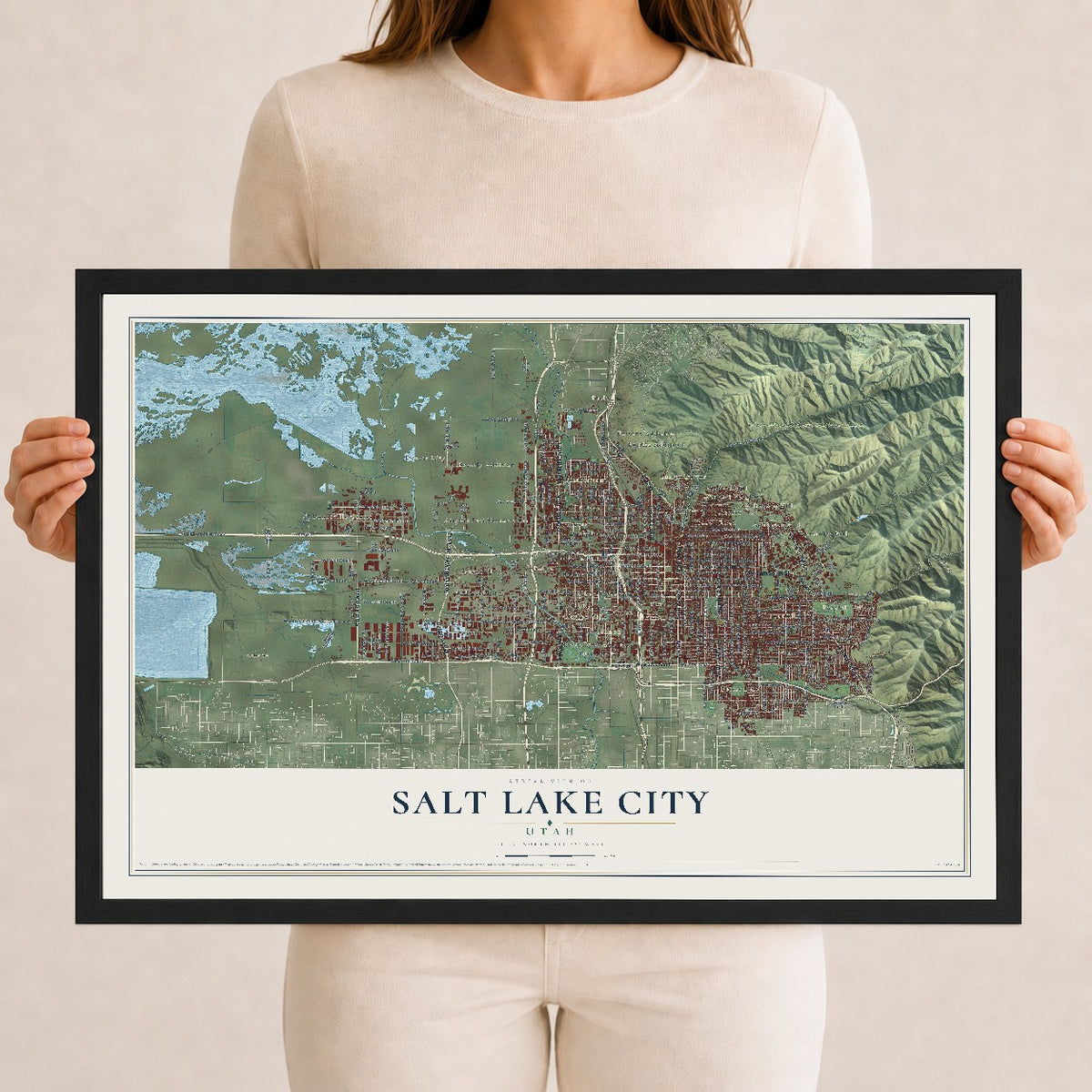 Map of Salt Lake City, Utah, 12 x 18 inch print in a black wood frame