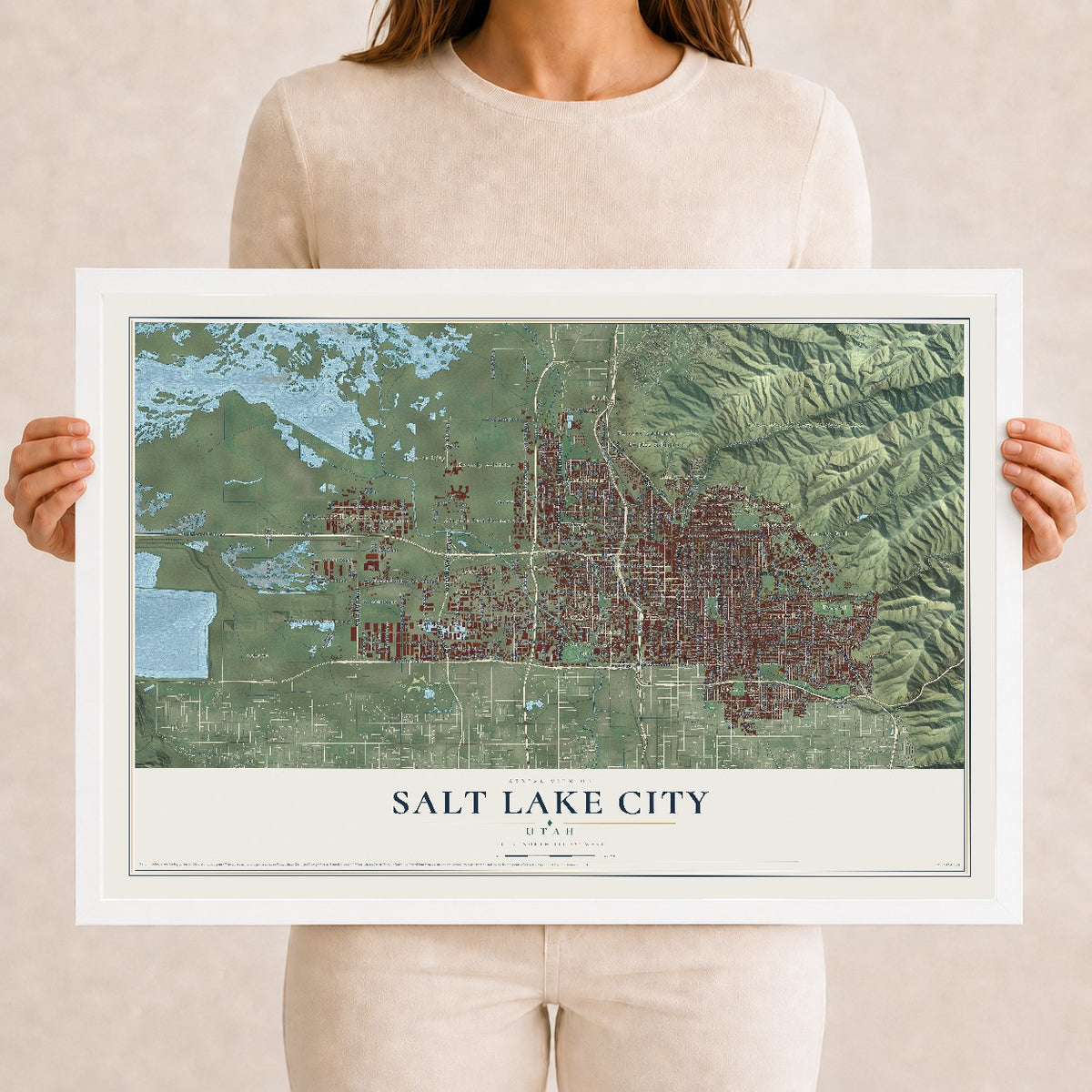 Map of Salt Lake City, Utah, 12 x 18 inch print in a white wood frame