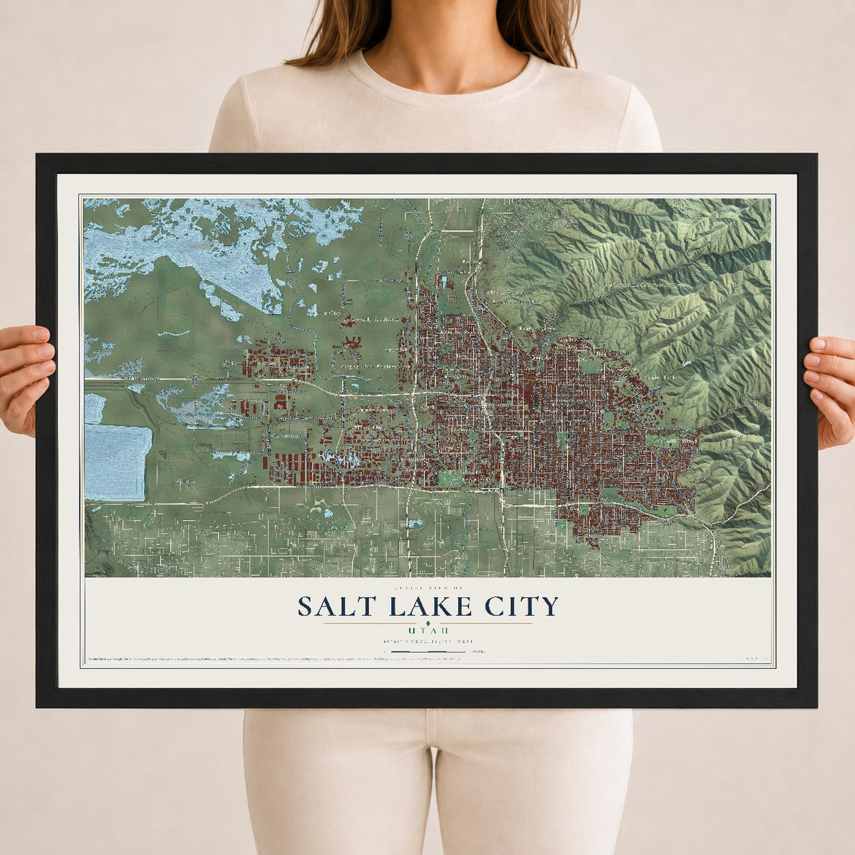 Map of Salt Lake City, Utah, 18 x 24 inch print in a black wood frame