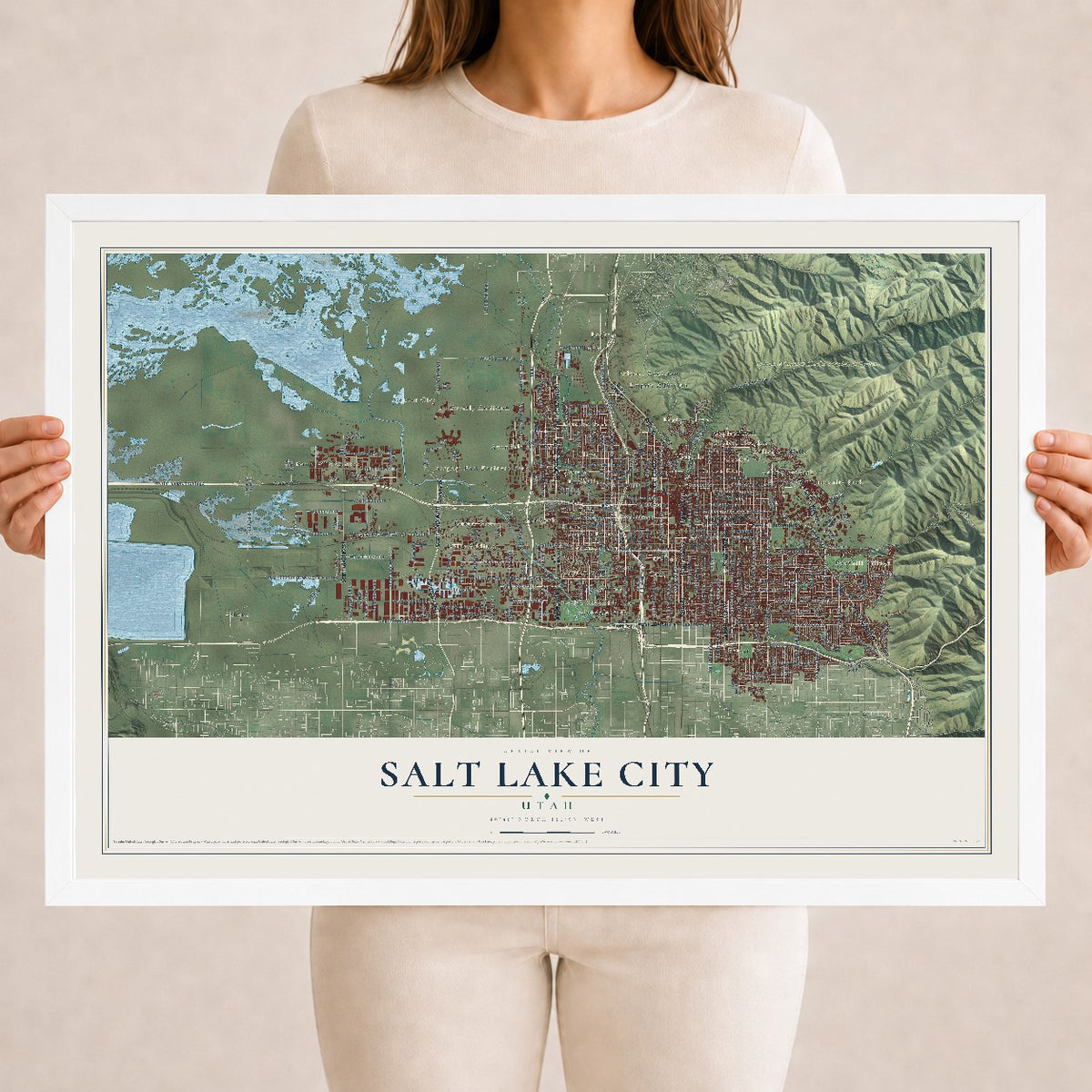 Map of Salt Lake City, Utah, 18 x 24 inch print in a white wood frame