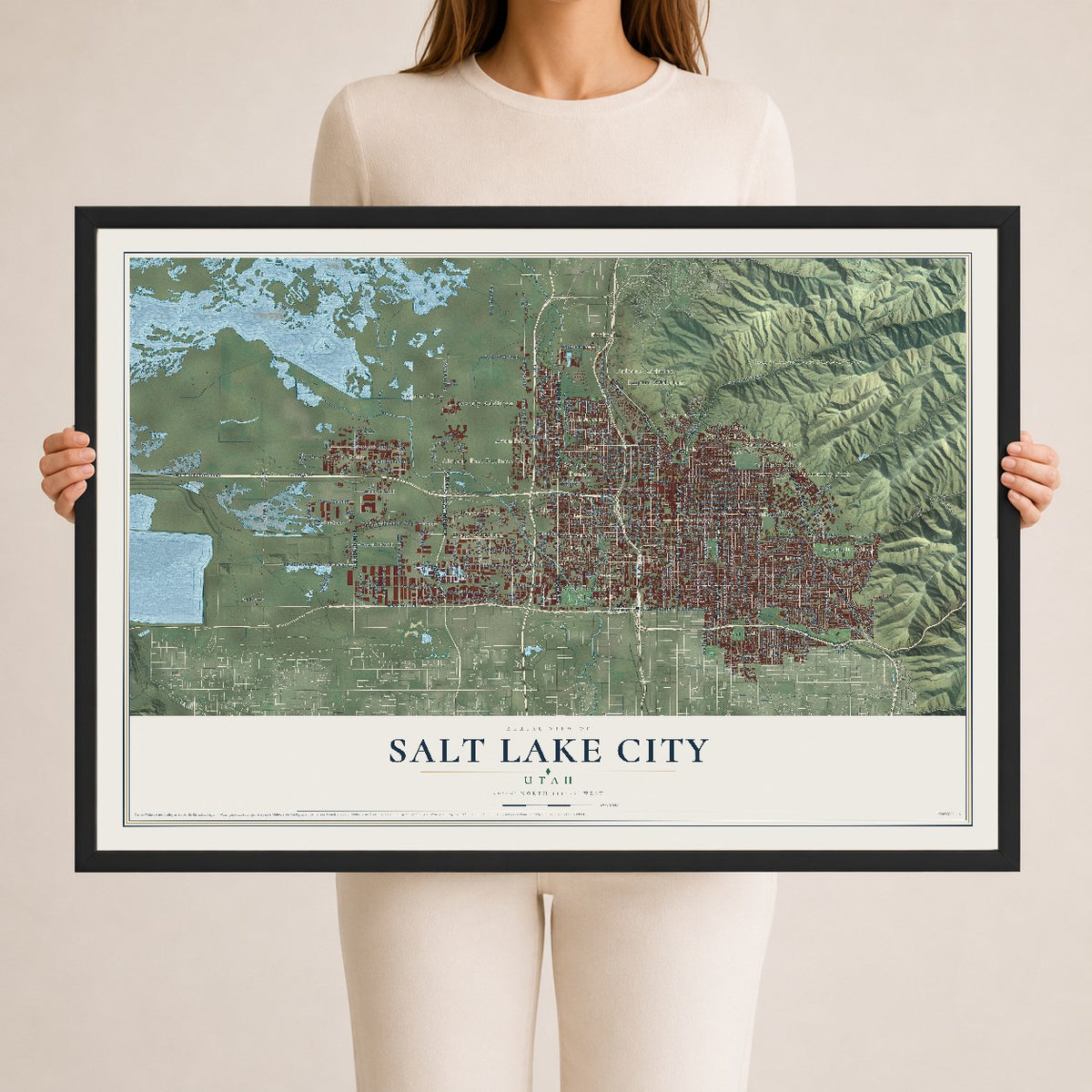 Map of Salt Lake City, Utah, 24 x 36 inch print in a black wood frame