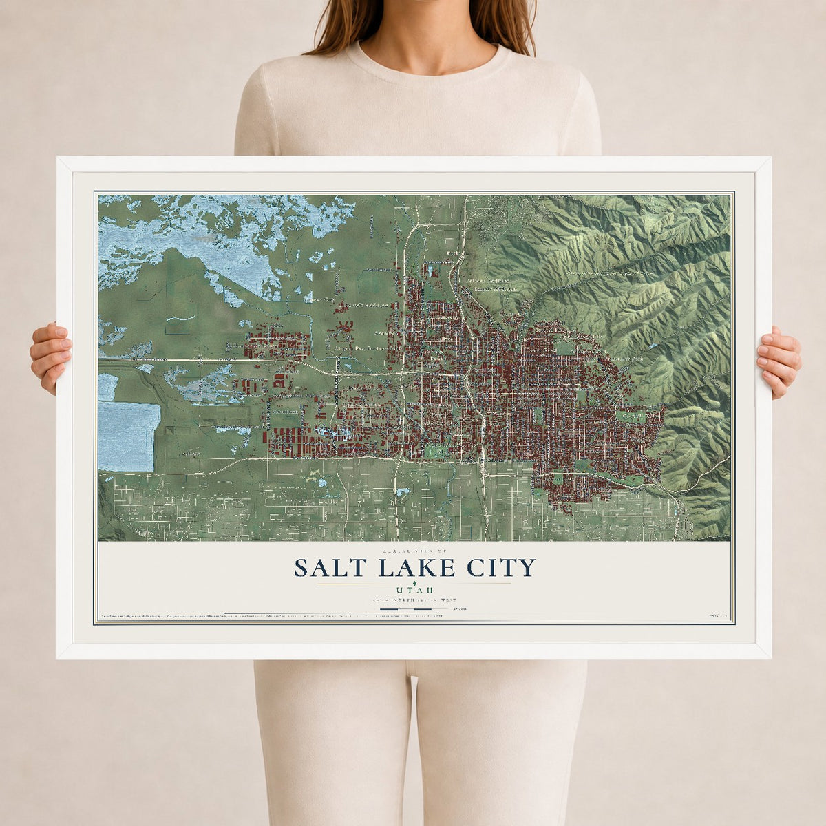 Map of Salt Lake City, Utah, 24 x 36 inch print in a white wood frame