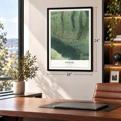 Samak, Utah map, 18 x 24 inch print in a black frame in a home office