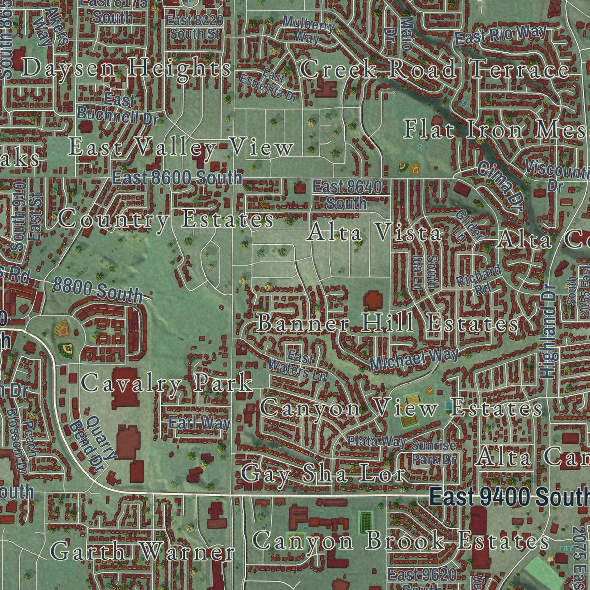 Close-up of the map of Sandy, Utah print showing street and building detail