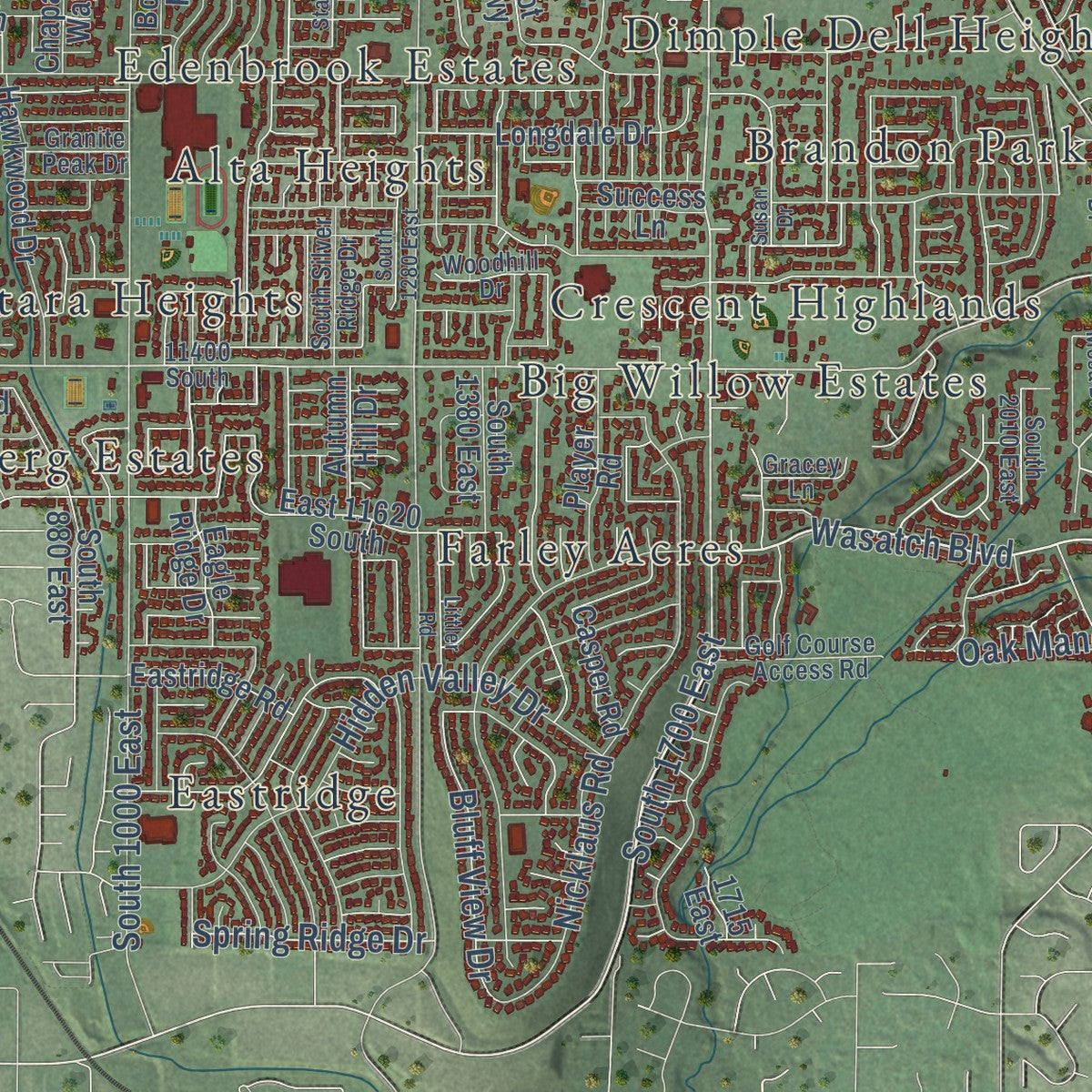 Second close-up of the map of Sandy, Utah print showing more streets and buildings