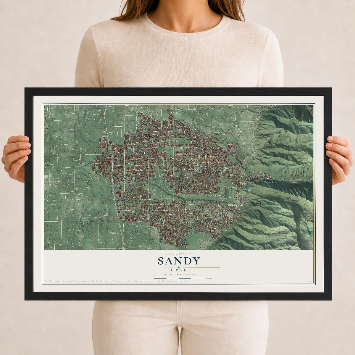 Map of Sandy, Utah, 12 x 18 inch print in a black wood frame