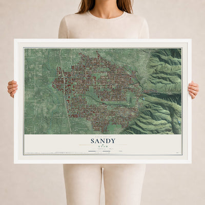 Map of Sandy, Utah, 24 x 36 inch print in a white wood frame