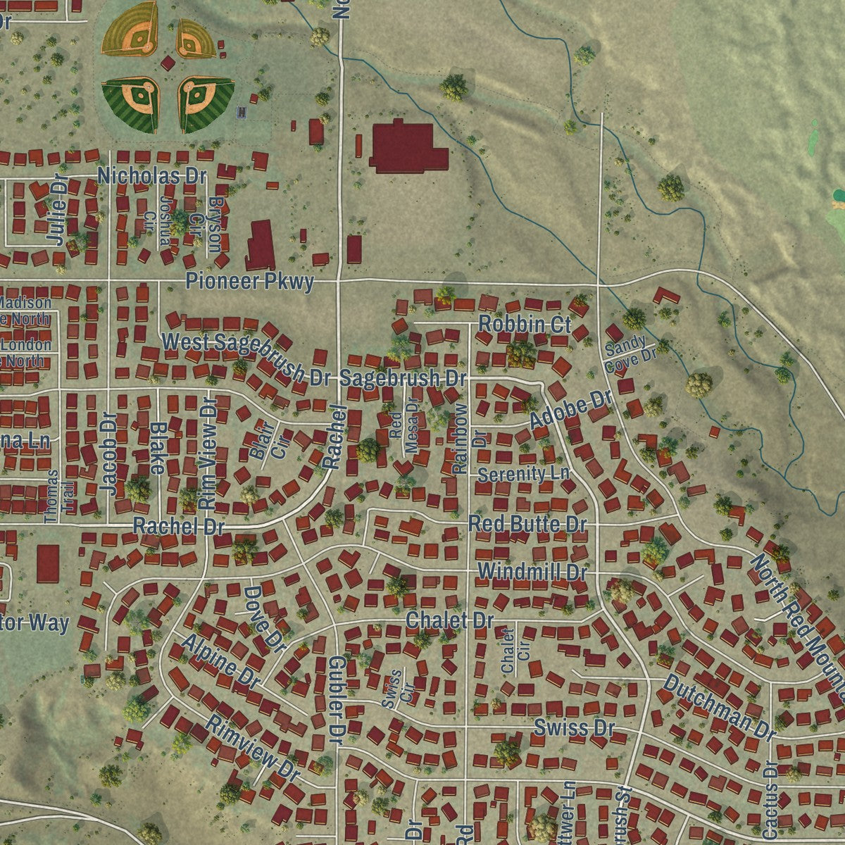 Close-up of the map of Santa Clara, Utah print showing street and building detail