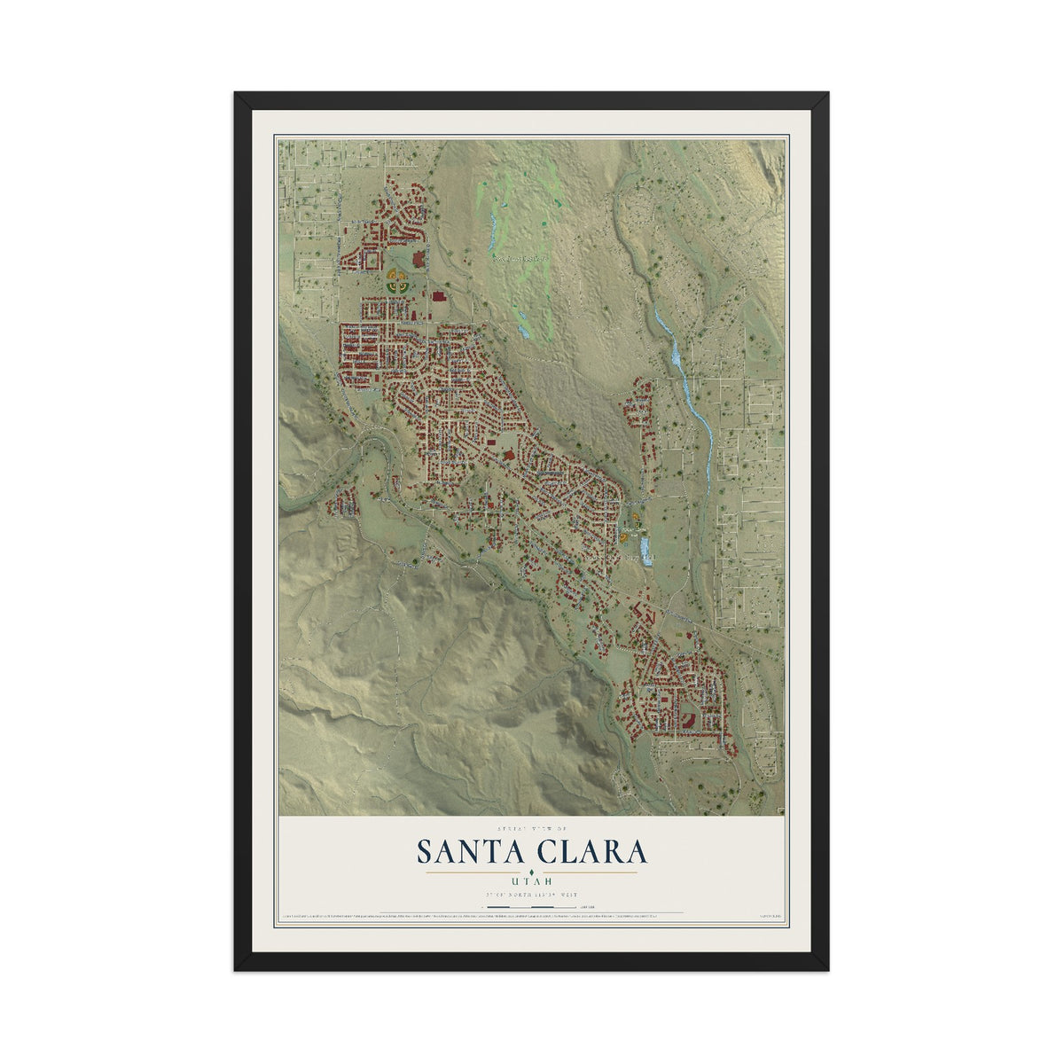 Map of Santa Clara, Utah, 12 x 18 inch print in a black wood frame