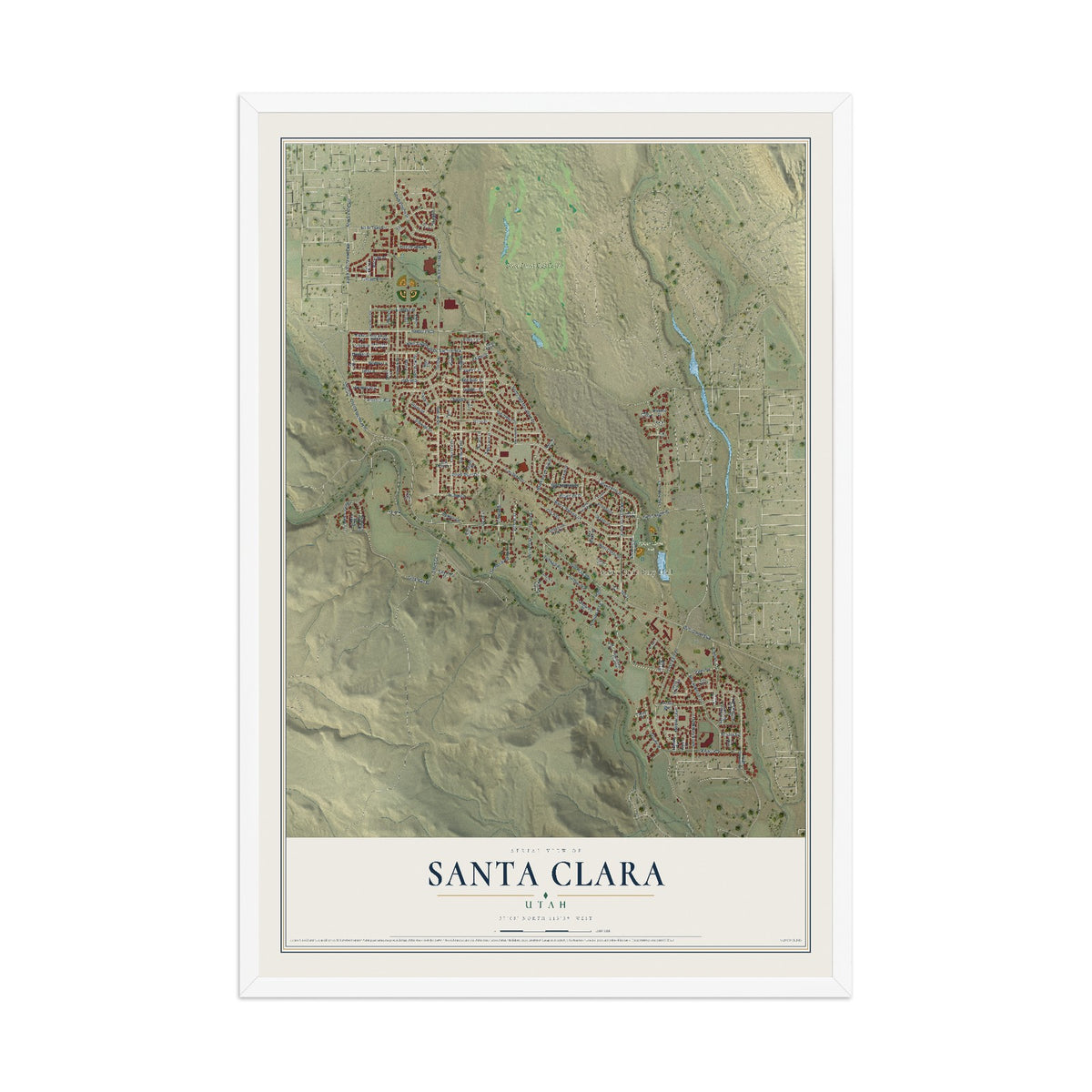 Map of Santa Clara, Utah, 12 x 18 inch print in a white wood frame