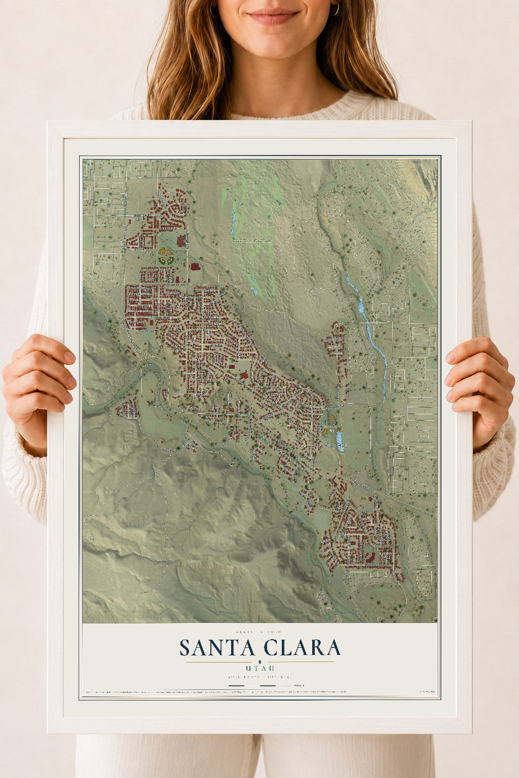 Map of Santa Clara, Utah, 18 x 24 inch print in a white wood frame