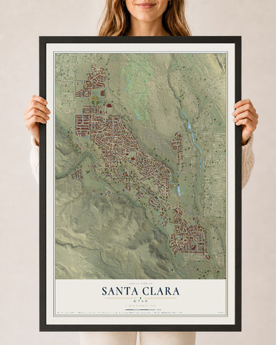 Map of Santa Clara, Utah, 24 x 36 inch print in a black wood frame