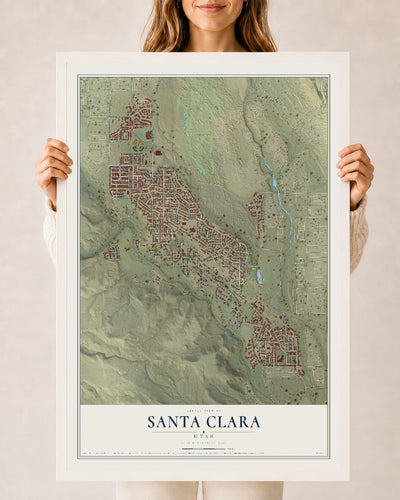 Map of Santa Clara, Utah, 24 x 36 inch print in a white wood frame