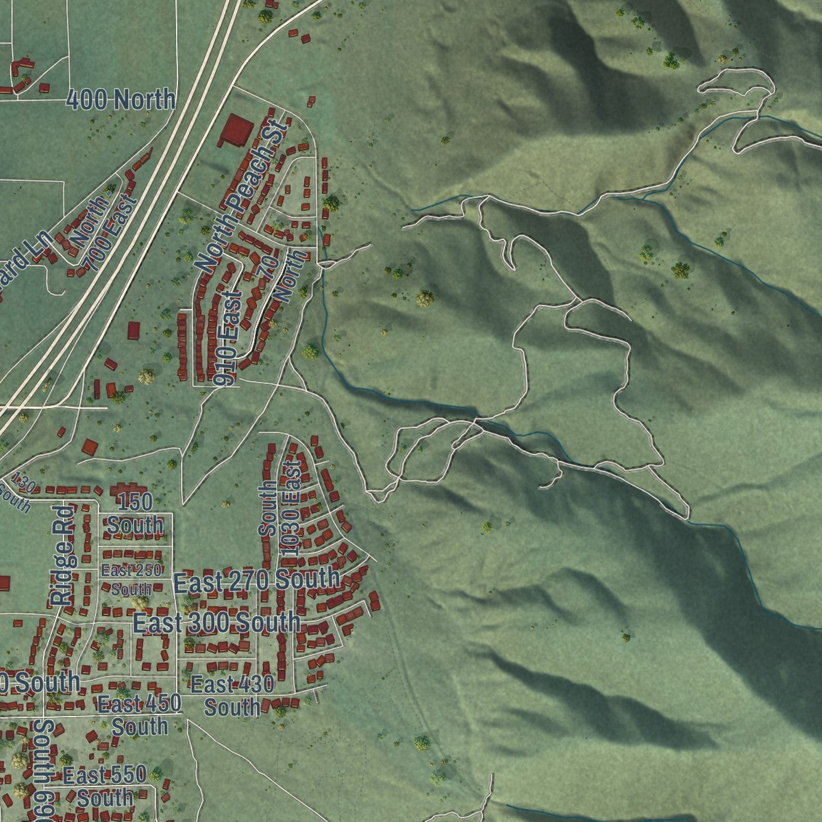 Second close-up of the map of Santaquin, Utah print showing more streets and buildings
