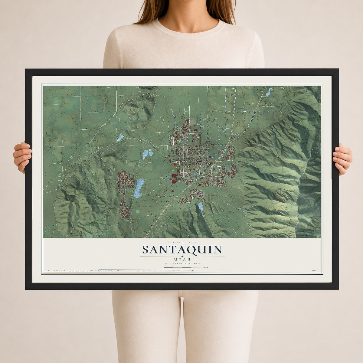 Map of Santaquin, Utah, 24 x 36 inch print in a black wood frame