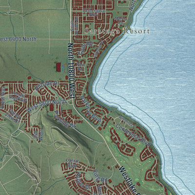 Close-up of the map of Saratoga Springs, Utah print showing street and building detail