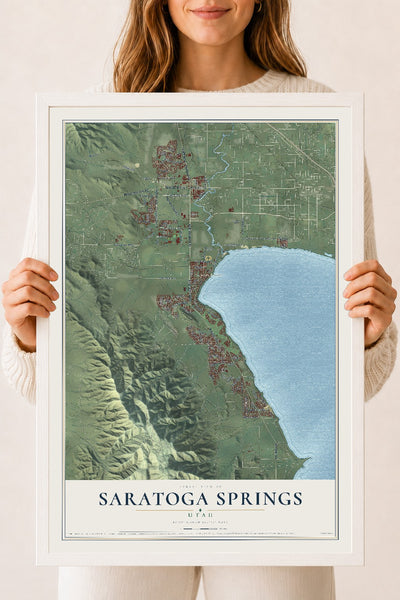 Map of Saratoga Springs, Utah, 18 x 24 inch print in a white wood frame