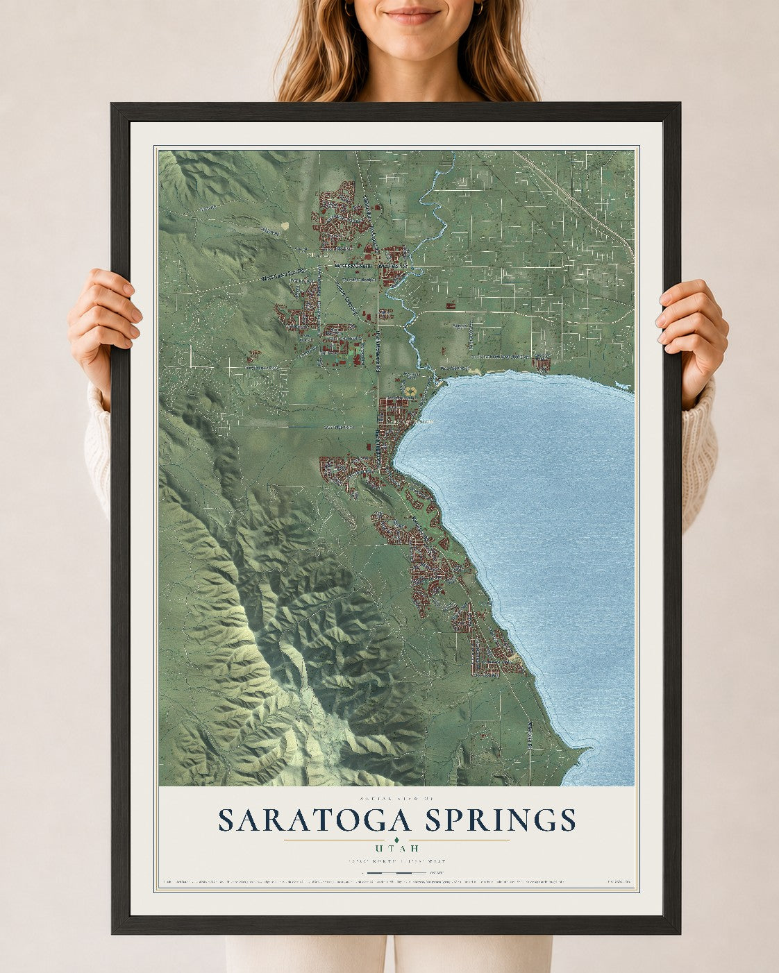 Map of Saratoga Springs, Utah, 24 x 36 inch print in a black wood frame