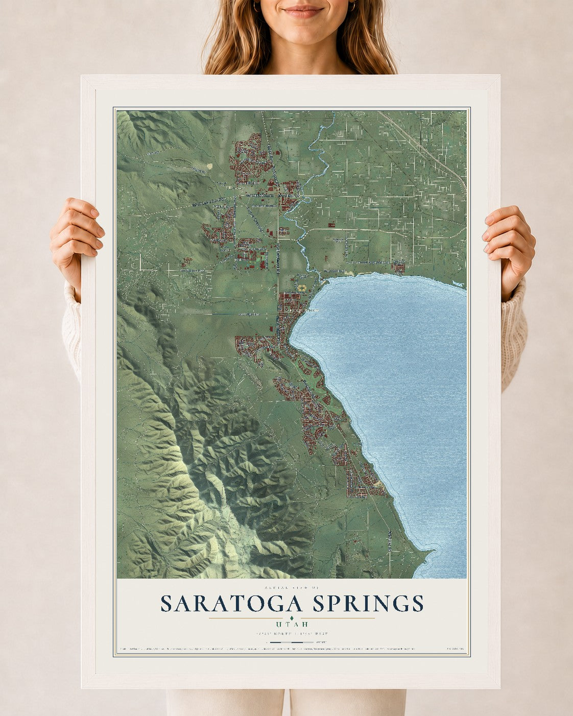 Map of Saratoga Springs, Utah, 24 x 36 inch print in a white wood frame