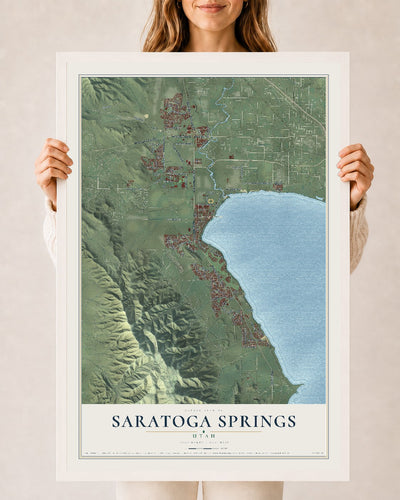 Map of Saratoga Springs, Utah, 24 x 36 inch print in a white wood frame