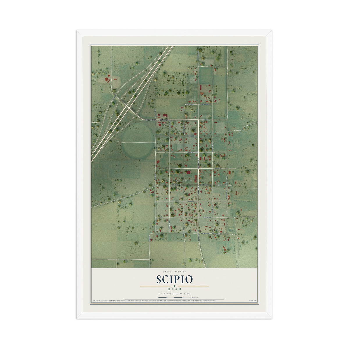 Map of Scipio, Utah, 12 x 18 inch print in a white wood frame