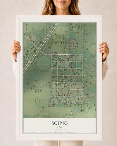 Map of Scipio, Utah, 24 x 36 inch print in a white wood frame