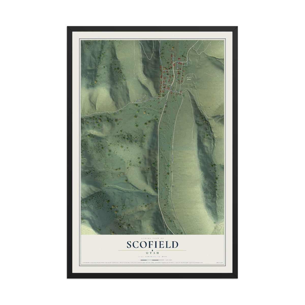 Map of Scofield, Utah, 12 x 18 inch print in a black wood frame