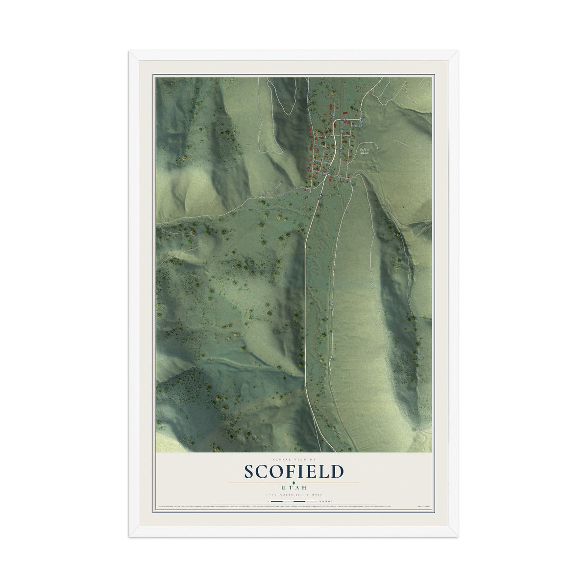 Map of Scofield, Utah, 12 x 18 inch print in a white wood frame