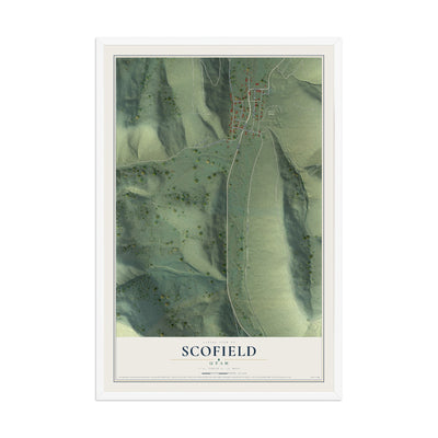 Map of Scofield, Utah, 12 x 18 inch print in a white wood frame