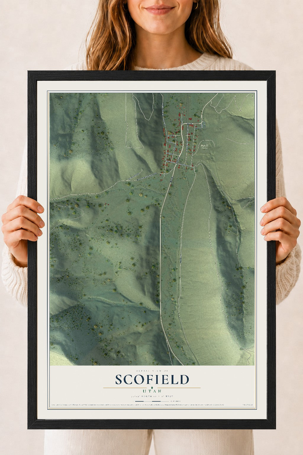 Map of Scofield, Utah, 18 x 24 inch print in a black wood frame
