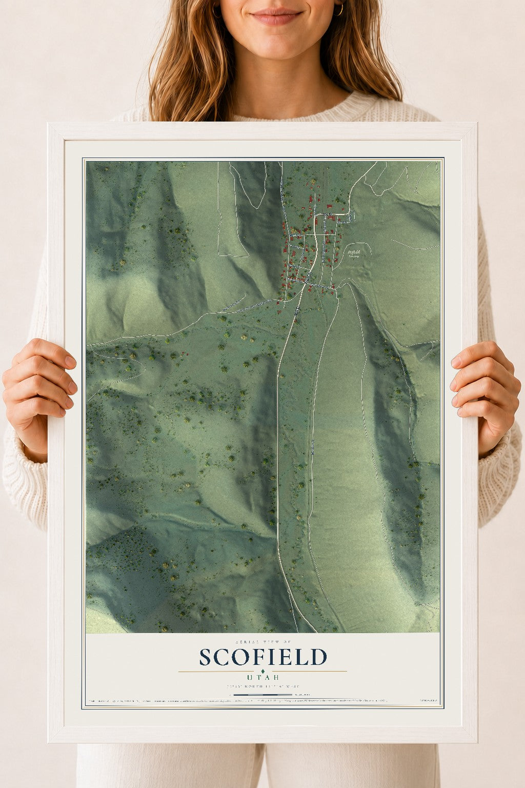 Map of Scofield, Utah, 18 x 24 inch print in a white wood frame