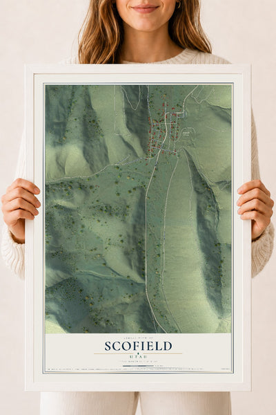 Map of Scofield, Utah, 18 x 24 inch print in a white wood frame