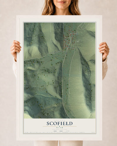 Map of Scofield, Utah, 24 x 36 inch print in a white wood frame