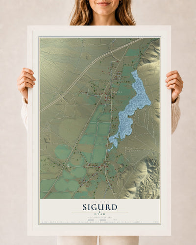 Map of Sigurd, Utah, 24 x 36 inch print in a white wood frame
