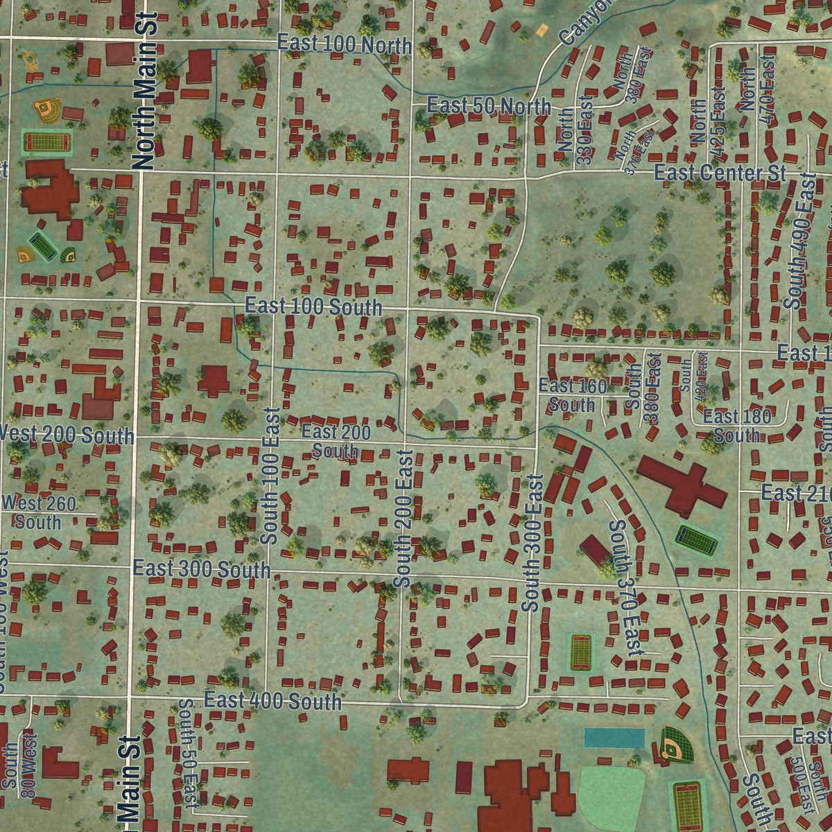 Close-up of the map of Smithfield, Utah print showing street and building detail