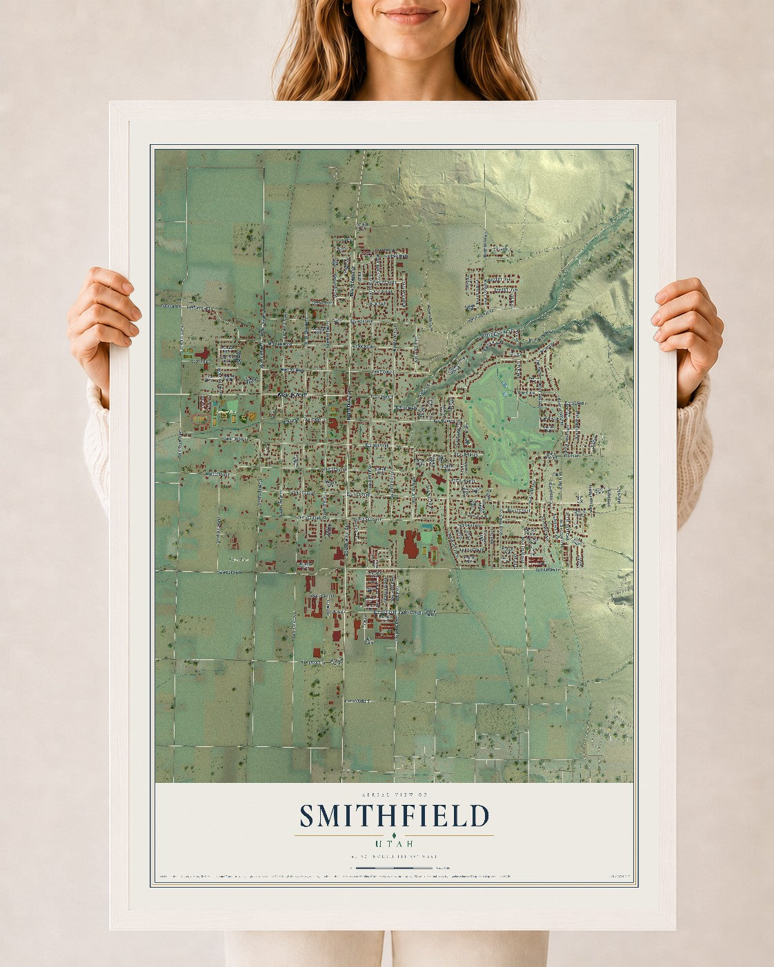 Map of Smithfield, Utah, 24 x 36 inch print in a white wood frame